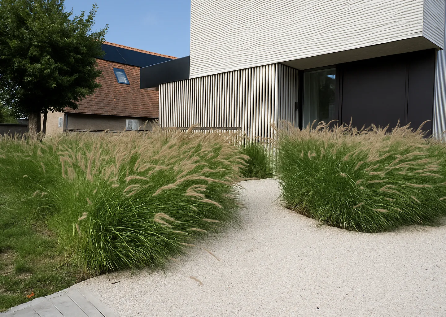 Rustgevende tuin me siergrassen langs gewassen betonpad